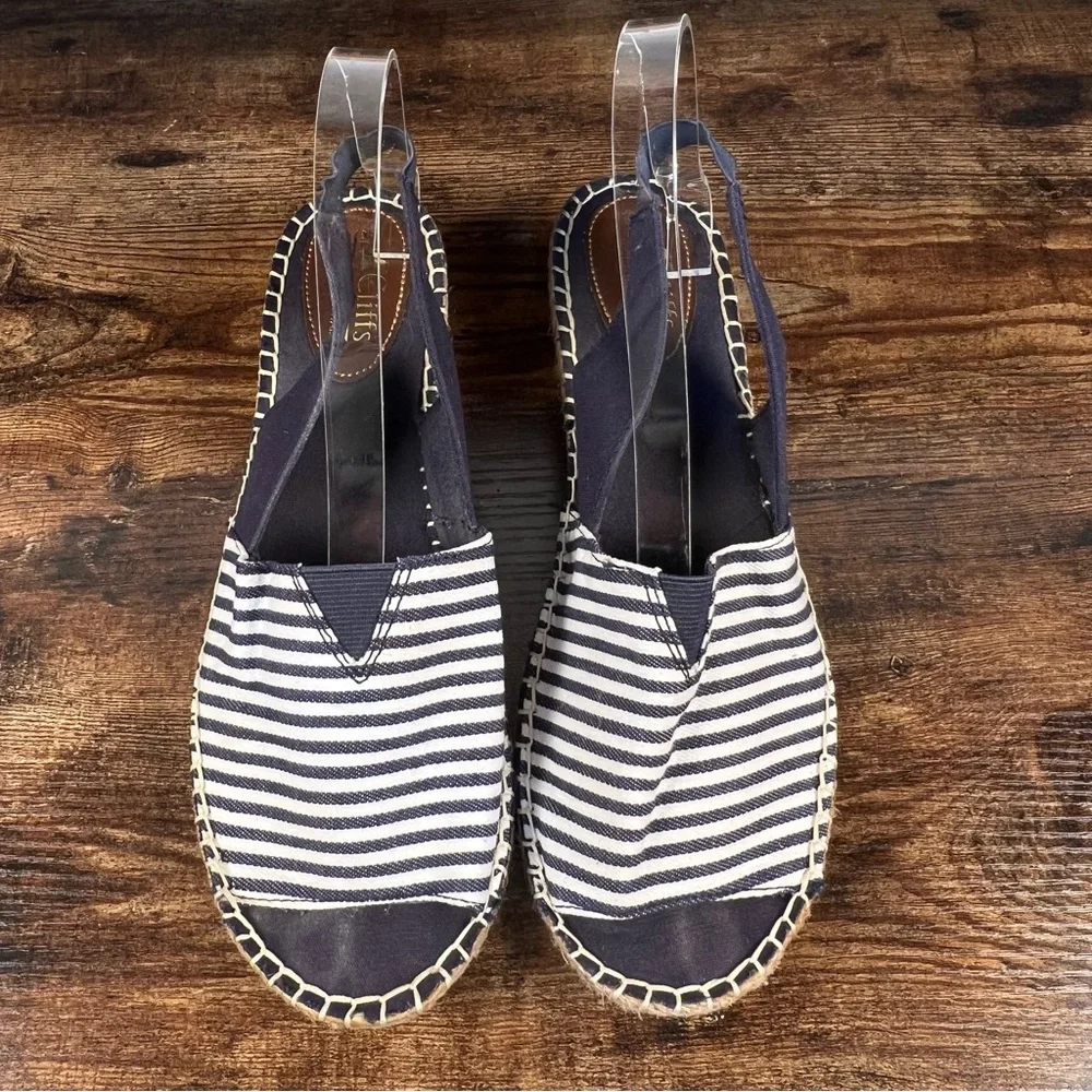 Cliffs‎ Espadrille Sandal Chyme Wedge Peep Toe Navy Blue Striped Sling Back 10